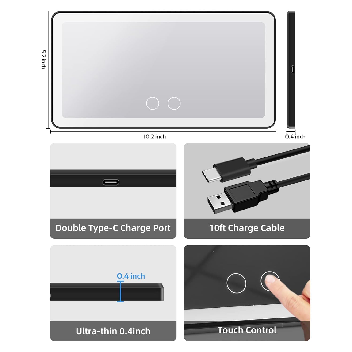 LED Mirror for Car Sun Visor – Rechargeable, 3 Lighting Modes
